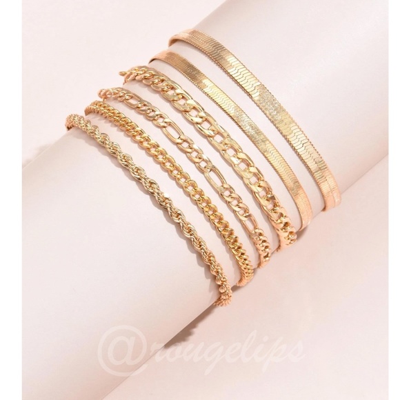 Set of 6 Gold Tone Bracelets Chain Rope Fashion Jewelry - Picture 2 of 5